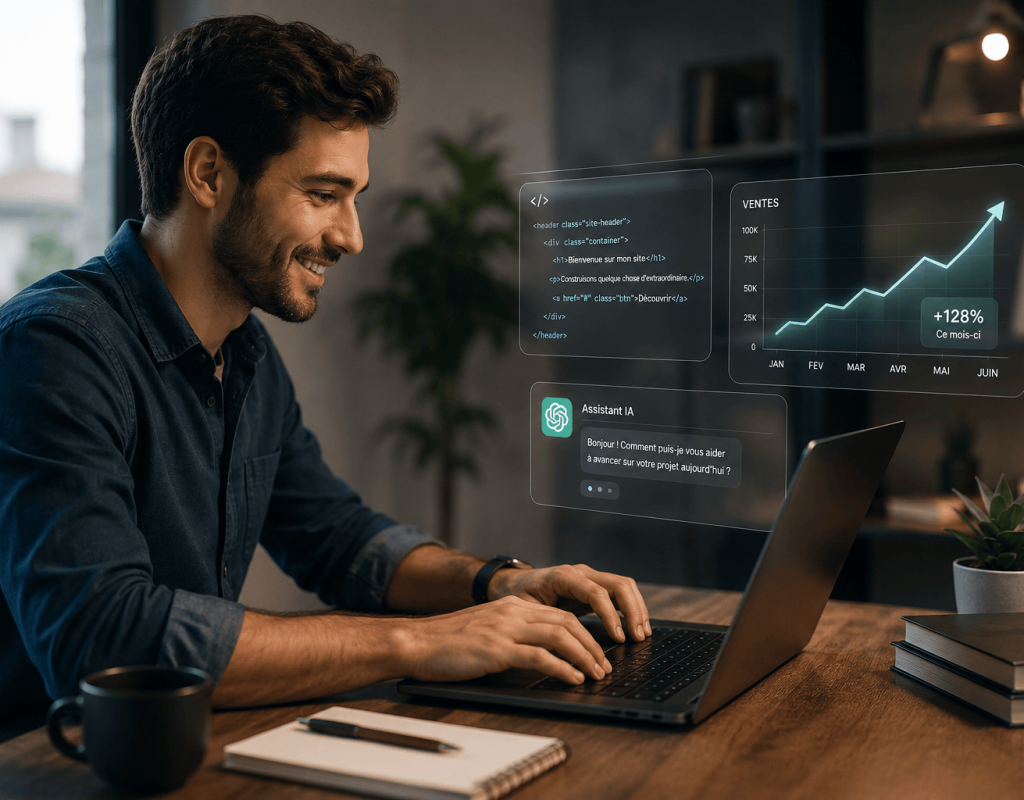 Entrepreneur travaillant sur un ordinateur portable dans le cadre d'une formation en web, intelligence artificielle et marketing digital.