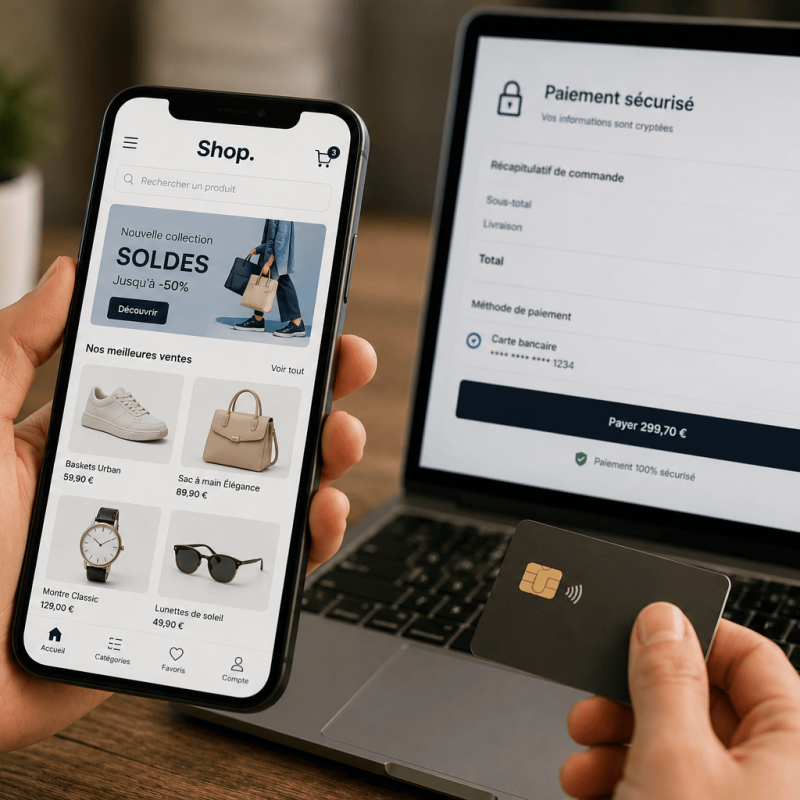 Smartphone et ordinateur affichant une boutique en ligne avec paiement sécurisé.