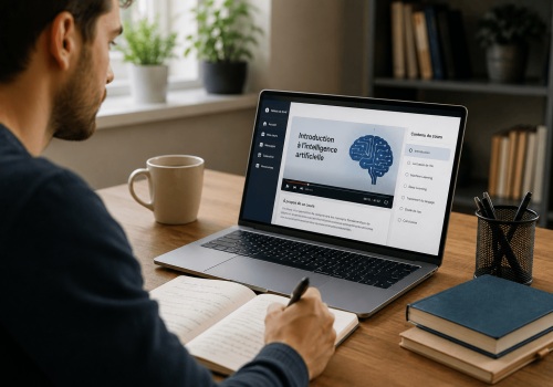 Apprenant suivant une formation en ligne sur ordinateur portable.