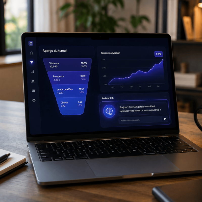 Ordinateur portable affichant un tableau de bord marketing et une interface d'intelligence artificielle.